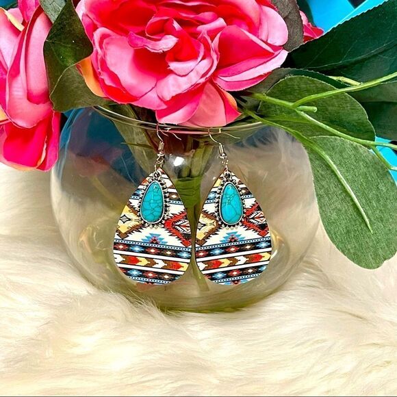 Brand New Aztec Turquoise Wooden Dangle Earring #2 - Picture 1 of 6
